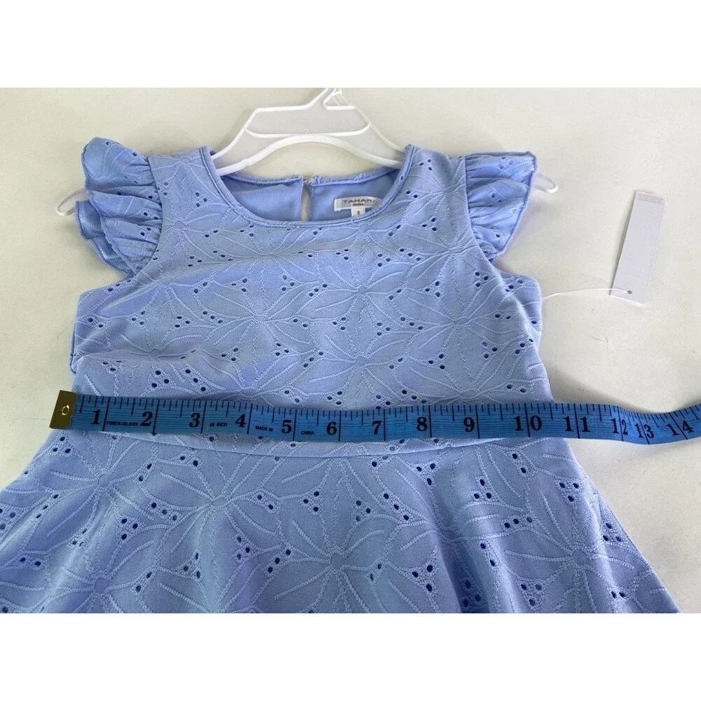 Tahari Girl Lined Fit and Flare Dress Eyelet Blue Girls Size 5